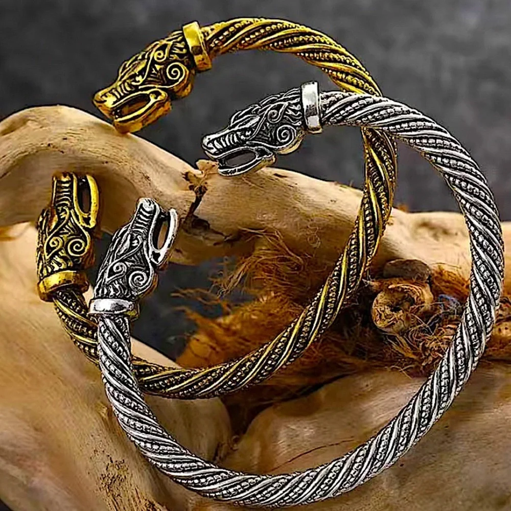 Silver Viking Wolf Head Twisted Norse Arm Band Cuff Bangle Bracelet Men Women